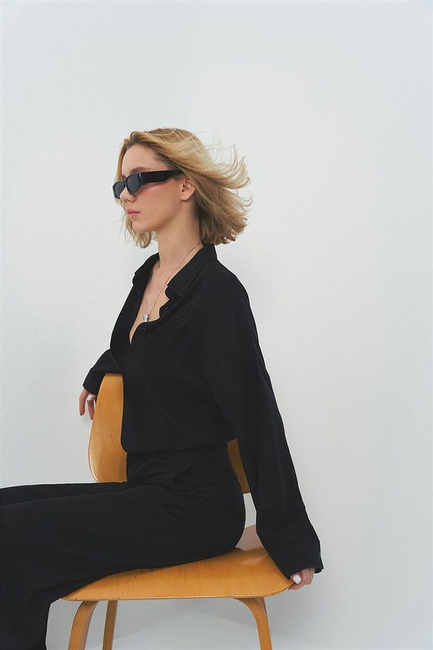 Noir - Uzun Kollu Ve Manşetli Oversize Fit Keten Siyah Gömlek - 6