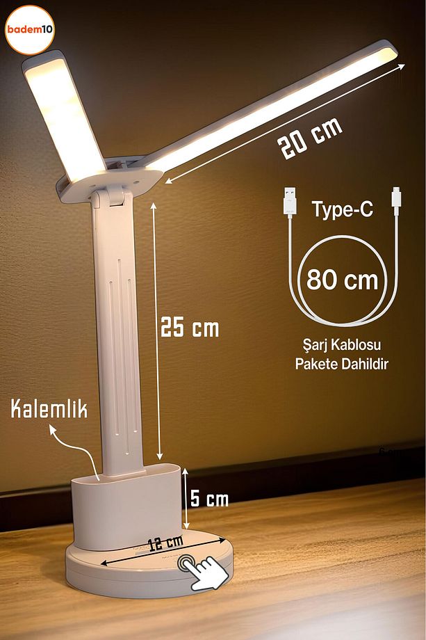 Şarjlı Dokunmatik 3 Renk Kademeli Işık Ledli Çift Kanat Masa Üstü Lambası 15w Ders Çalışma Işığı - 4