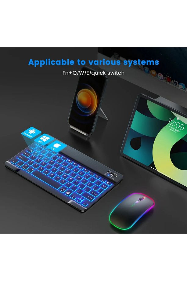 Akıllı Taşınabilir Şarj Edilebilir Rgb Kablosuz Bluetooth Klavye ve Mause Seti - 7