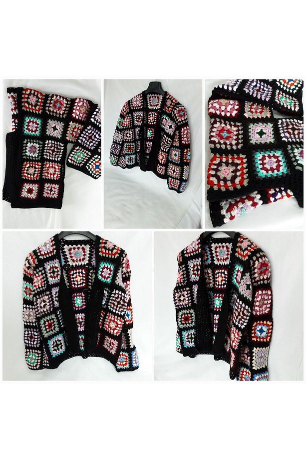 El Yapımı Motifli Örgü Ceket / El Örgüsü Motif Hırka / Motifli Hırka / Siyah Motifli Ceket - 1