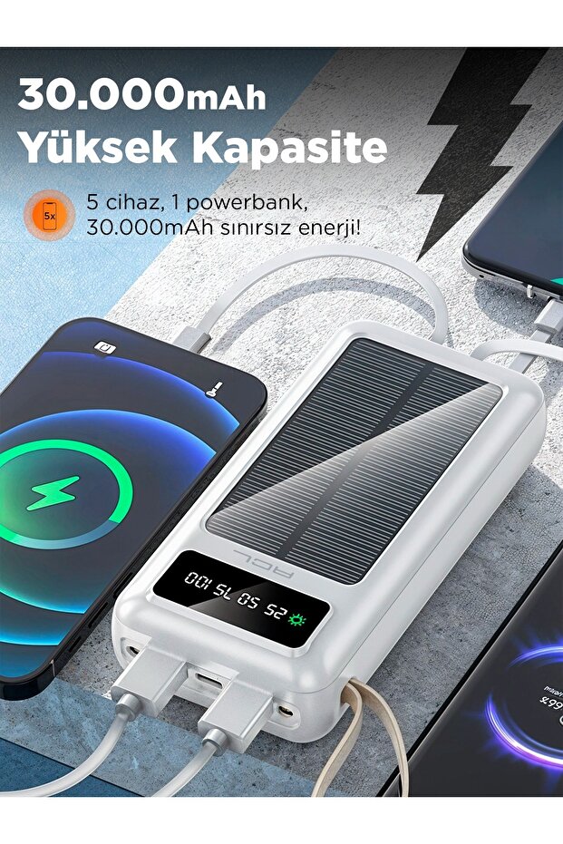 Pw-61 Led Işıklı Usb Mikro Type-c Lighning Kablolu 2xusb 30000mah Lcd Powerbank - 4