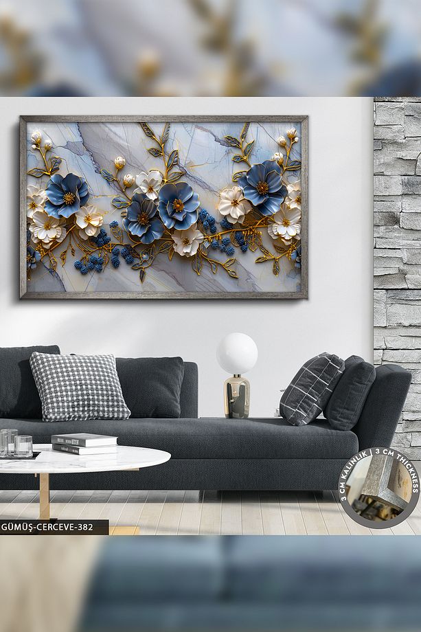 Mavi Beyaz Çiçekler Tek Parça Gümüş Çerçeveli Kanvas - Canvas Tablo - 1
