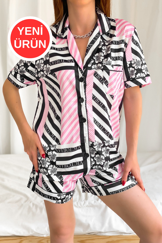 Kadın Desenli Cep Detaylı Şort Bluz Pembe İkili Saten Pijama Takım - 1