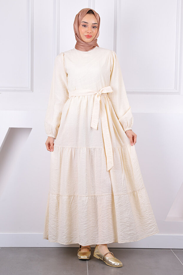Stone Baby Collar Belted Gofrali Dress