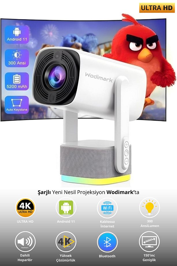 Şarjlı 4K Destekli Taşınabilir Ev Sinema Projeksiyonu – Android, WiFi, Bluetooth, 3D, 200 ANSI Lümen - 1