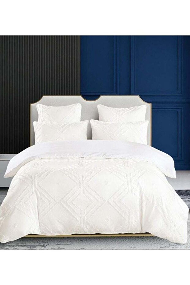 6 PC COTTON KING SIZE EMBROIDERED WHITE SQUARED COMFORTER SET KING SIZE