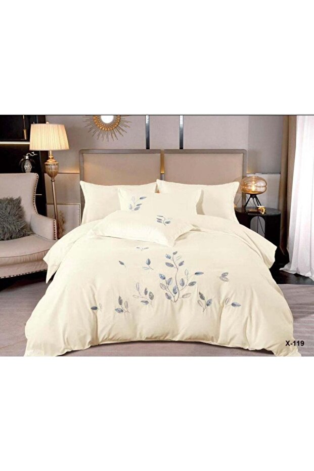 6PC KING SIZE COTTON EMBROIDERED PREMIUM FLORAL DESIGN COMFORTER SET CREAM