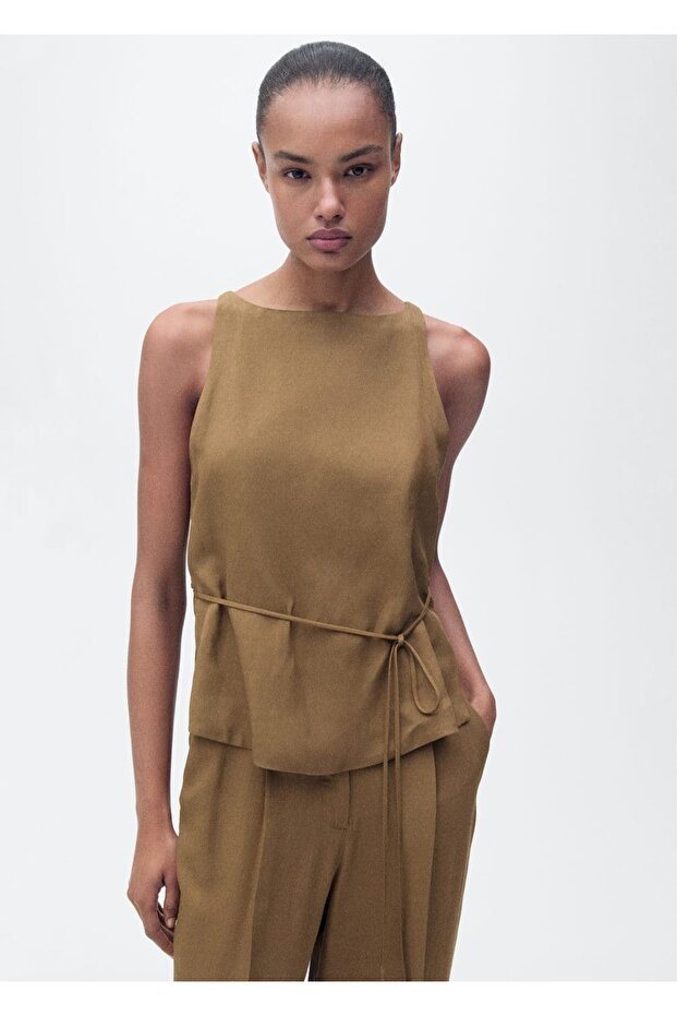 Linen Blended Blouse with Tie Detail