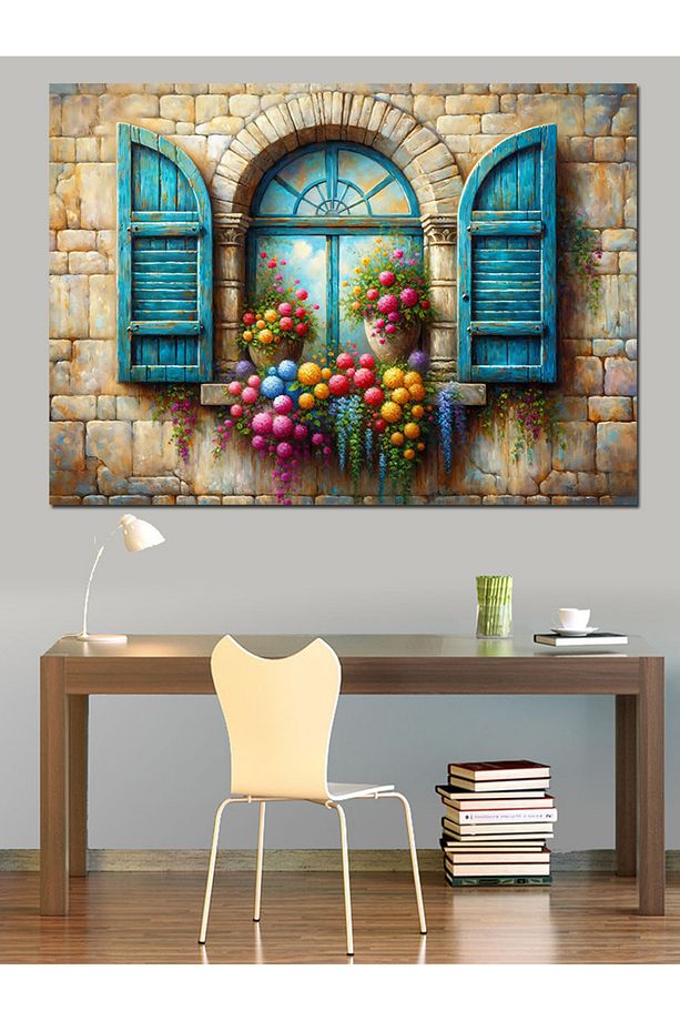Retro Pencere Ve Çiçekler Dekoratif Kanvas - Mdf Ahşap Tablo - 3