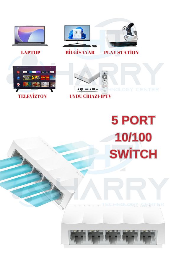 5 Port 10 / 100 Mbit Internet Hub Hup Çoğaltıcı Ethernet Switch Kablo Dağıtıcı Splitter - 1