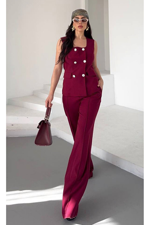 Women's Square Collar Classic Vest Trouser Suit Burgundy