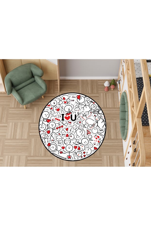 Kemal Collection Hearted Stickman Sticker Figures Patterned Round Woven Base Carpet Kemal59