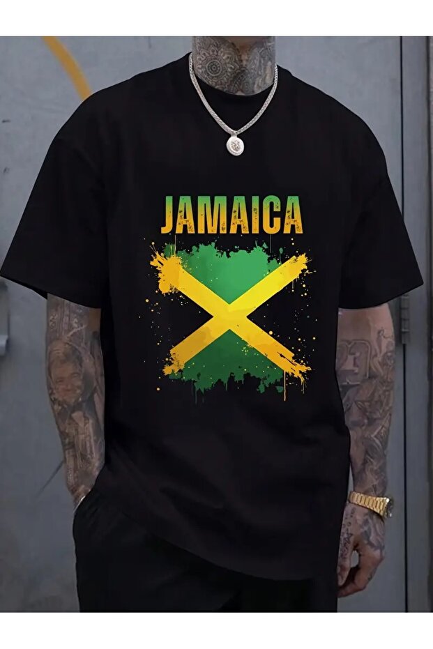 100% Cotton Jamaican Flag Design Casual T-Shirt for Men - Short Sleeve