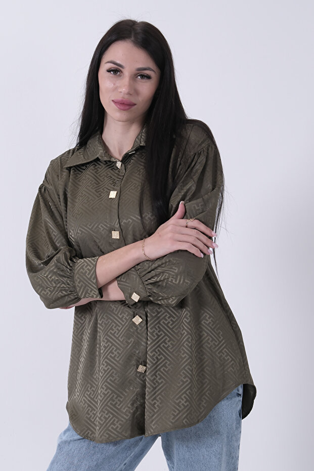 Patterned Gold Button Detailed Tunic Khaki 45951993