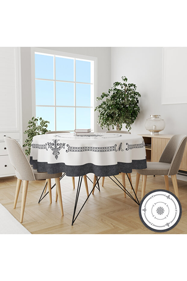 Black Embroidery Effect Tulip Pattern Printed Decorative Carefree Table Cloth