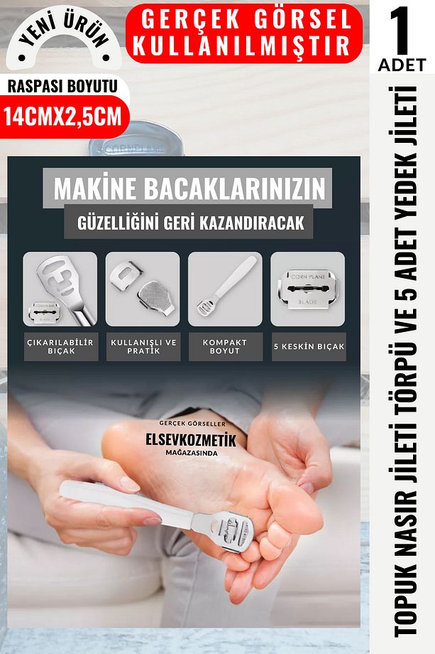 Topuk Nasır Jileti Törpü ve 5 Adet Yedek Jileti,Ayak Topuk Raspası, Pedikür,Topuk Törpüsü - 7