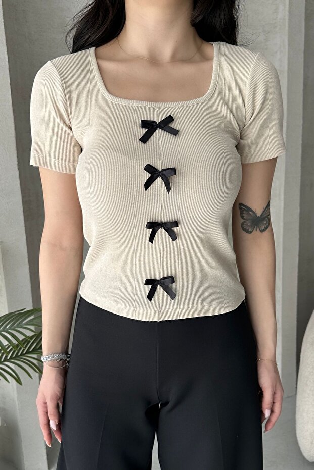 Kadın Krem Fiyonklu Fitilli Örme Bluz - 5