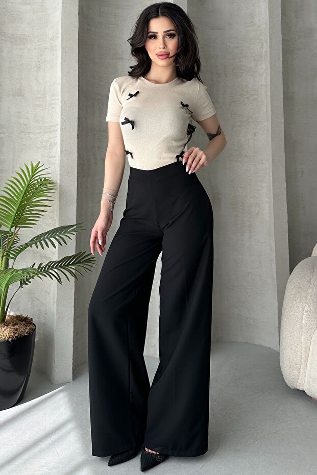 Dámska krémová pletená blúzka s mašľou - 3