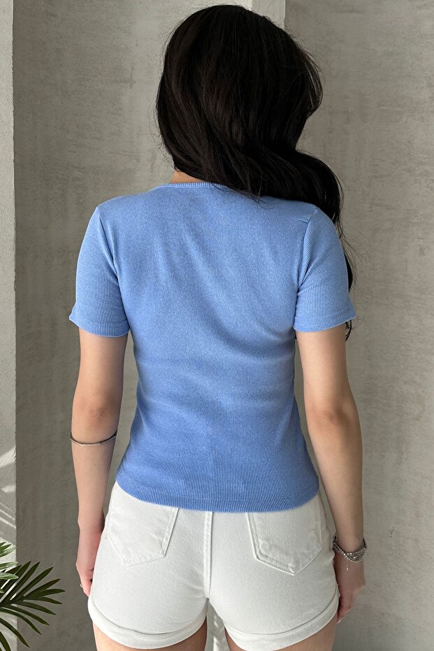 Kadın Mavi Fiyonklu Fitilli Örme Bluz - 5