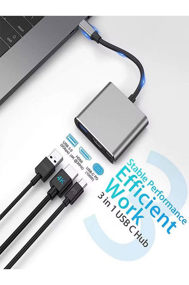 FH007 3in 1 USB-C Hub USB 3.0, PD 100W Type-C, 4K/30Hz Ultra HDM & USB Çevirici Çoklayıcı Ofis - 5