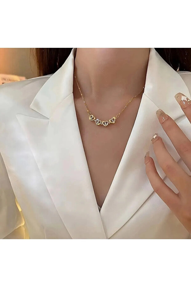 Altın Renk Çelik Mıknatıslı Birleşen Kalp Yonca Kolye - 3