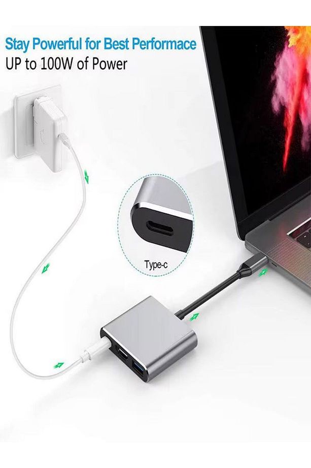 FH007 3in 1 USB-C Hub USB 3.0, PD 100W Type-C, 4K/30Hz Ultra HDM & USB Çevirici Çoklayıcı Ofis - 6