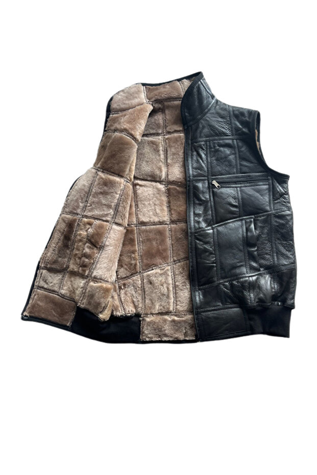 Patchwork Inside Fur-Outside Suede Genuine Leather Collared Vest with Piping and Knitwear Detail