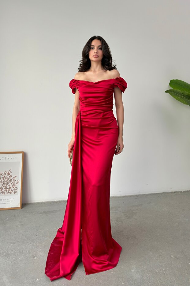 Rochie de seară drapată cu umeri - 1