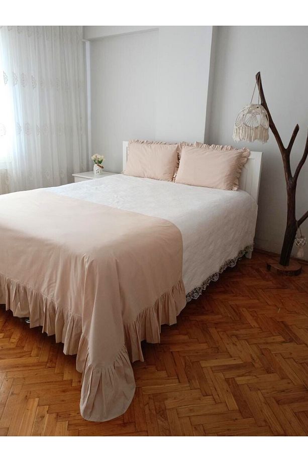 Yatak Runner & Çift Kişilik Fırfırlı Vizon & 2 adet Fırfırlı Yastık  50 x 70 - 6