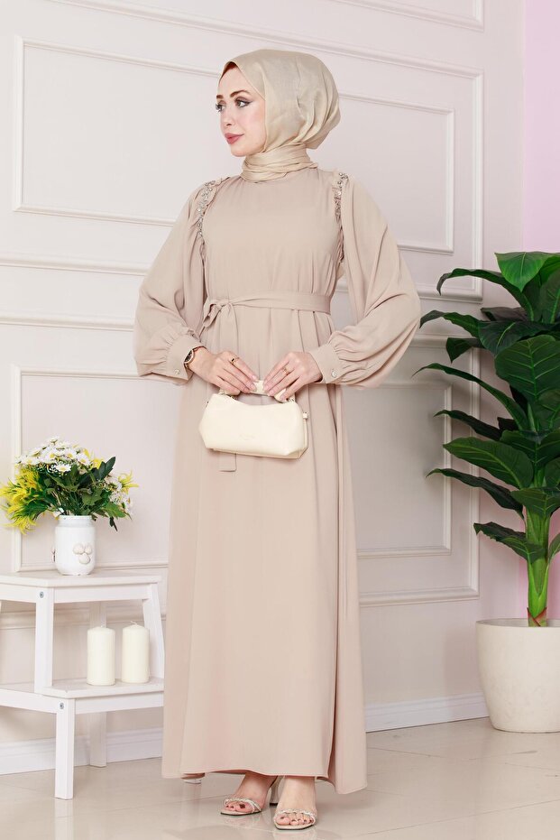 Rose Dress with Stone Detail on the Shoulder - Beige