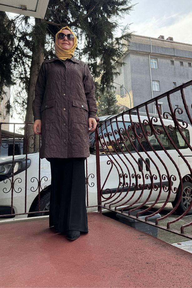 İnvee Kapitone Ceket Kahve-Çiçek Desen 6879 - 1