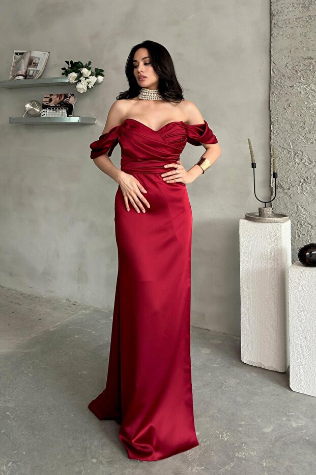 Burgundy Gathered Low Sleeve Satin Evening Dress