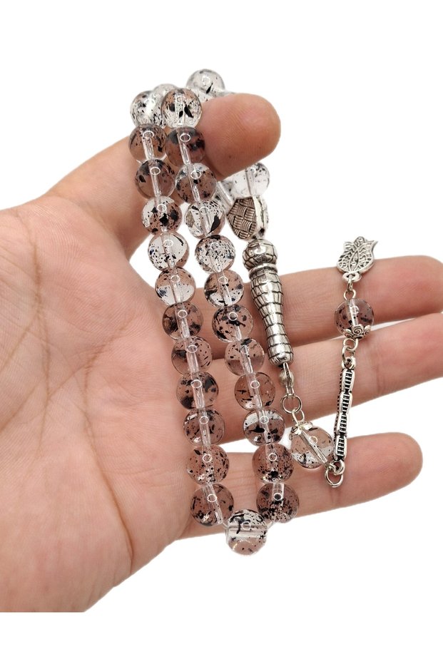Fossil Patterned Transparent Sphere Cut Glass Rosary