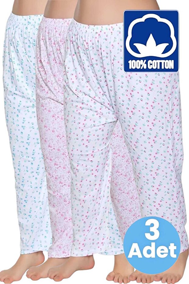 Women's 100% Cotton Patterned Printed Elastic Long Pajamas Plain Long Johns Set of 3
