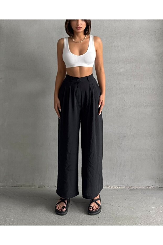 Women's Black Modal Summer Pleated Palazzo Trousers