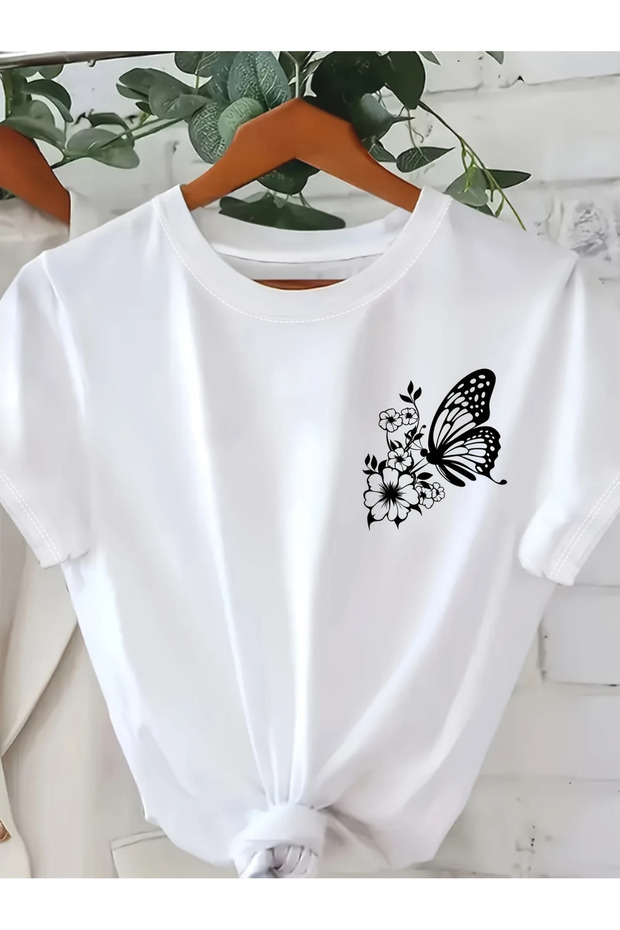 Minimal Butterfly Flower Printed Women's Baby Blue Cotton T-Shirt