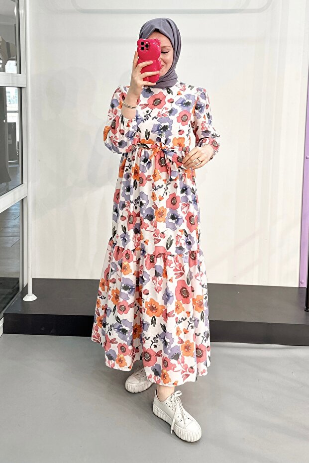 Ms340 Wide Flower Pattern Lilac Dress