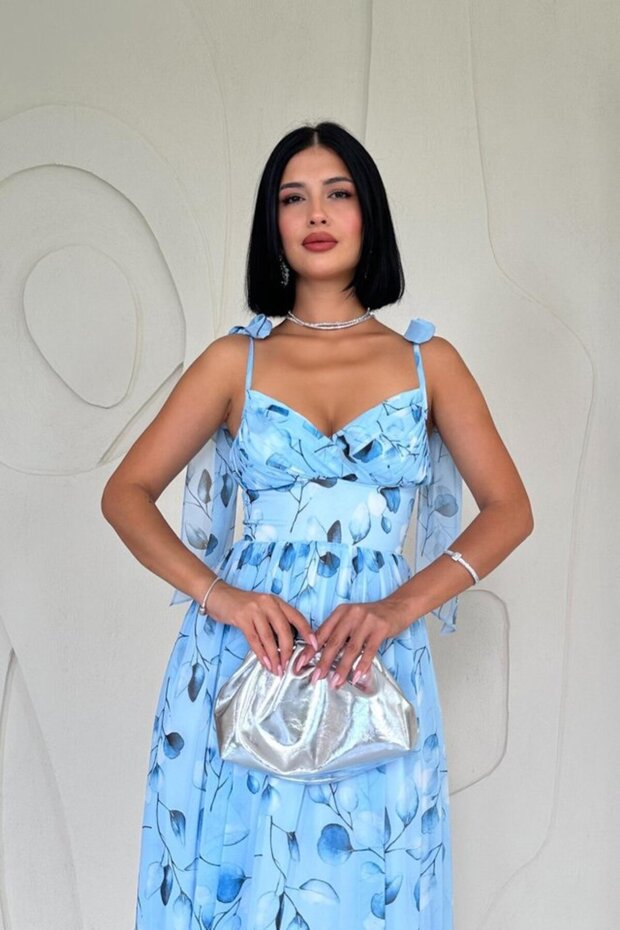 Mavi Şifon Drapeli Elbise - 2