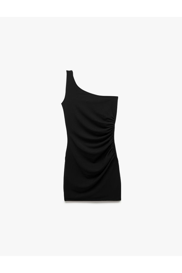 Drape Detaylı Krep Scuba Kumaş Tek Omuz Mini Elbise - 3