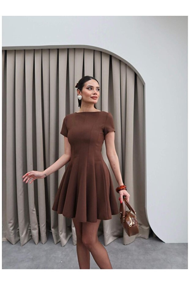 Women's Brown Oval Neck Pleated Dress