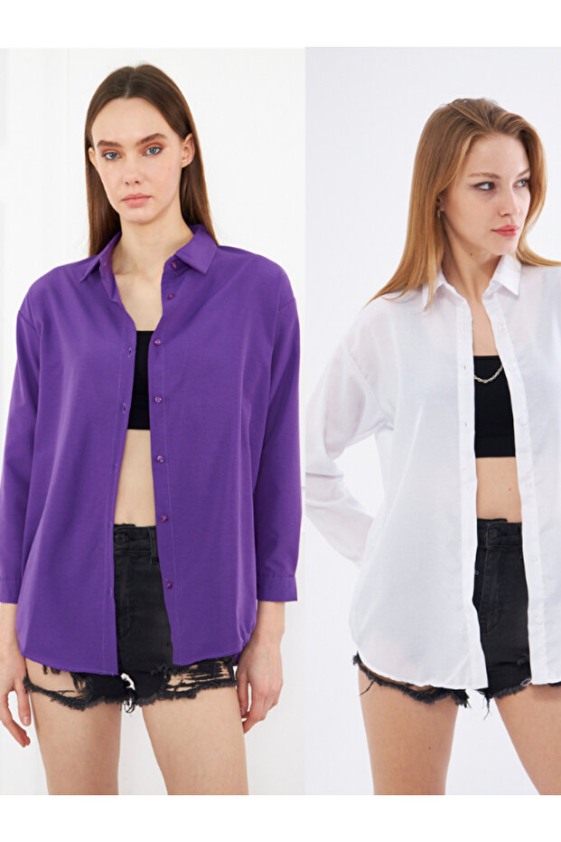 Kadın Beyaz - Mor Oversize Uzun Basic Gömlek - 1