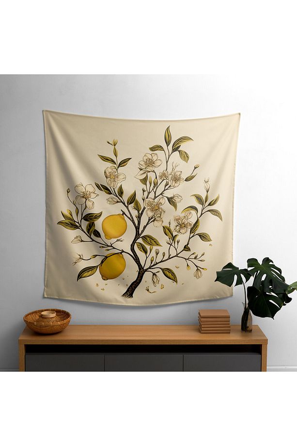 Minimalist Stil Limon Ağacı Duvar Örtüsü - %100 Pamuk Sırtlı, Ranforce Kumaş - Canlı Renkler, - 1