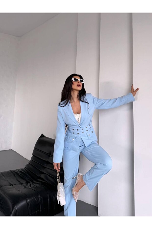 Gold Button Double Belt Two-Piece Blazer Set