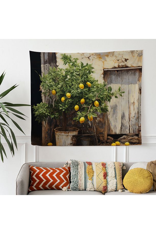 Rustik Charm Limon Ağacı Kumaş Duvar Örtüsü - Canlı Ranforce Baskı, %100 Pamuk Arka ve Polyester - 2