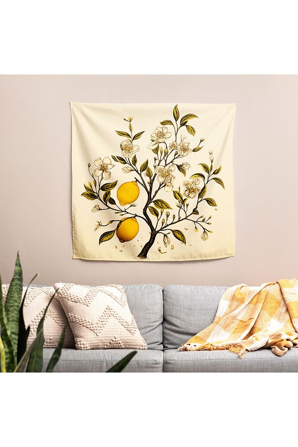 Minimalist Stil Limon Ağacı Duvar Örtüsü - %100 Pamuk Sırtlı, Ranforce Kumaş - Canlı Renkler, - 4