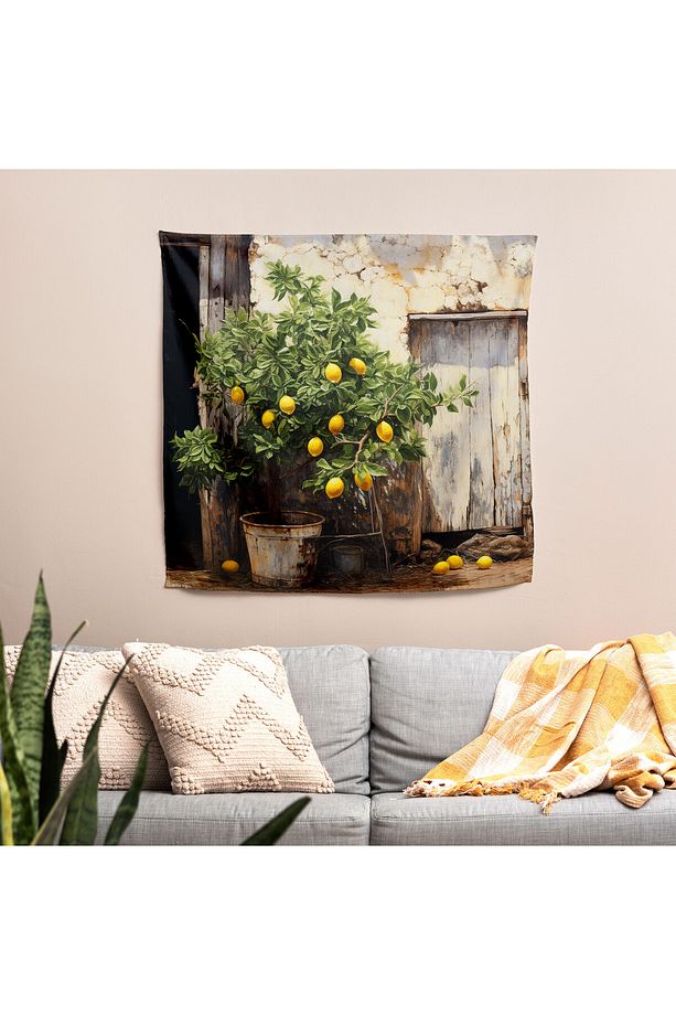 Rustik Charm Limon Ağacı Kumaş Duvar Örtüsü - Canlı Ranforce Baskı, %100 Pamuk Arka ve Polyester - 4