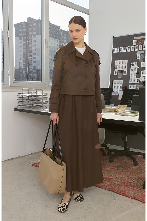 Oversize Acı Kahve Kısa Trençkot - 4