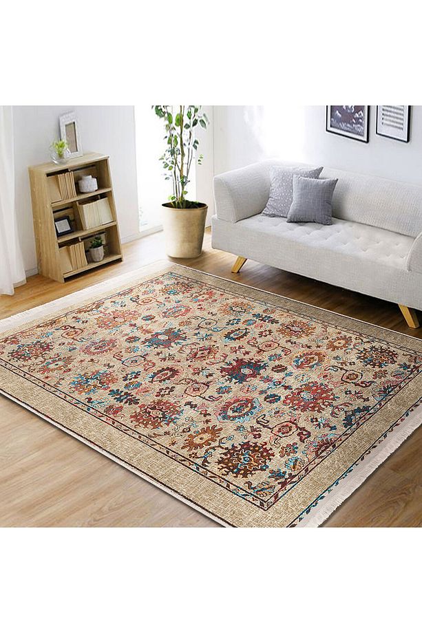 Bej Zeminde Uşak Motifli Kilim Desenli Etnik Motifler Avangarde Salon Halı - 6