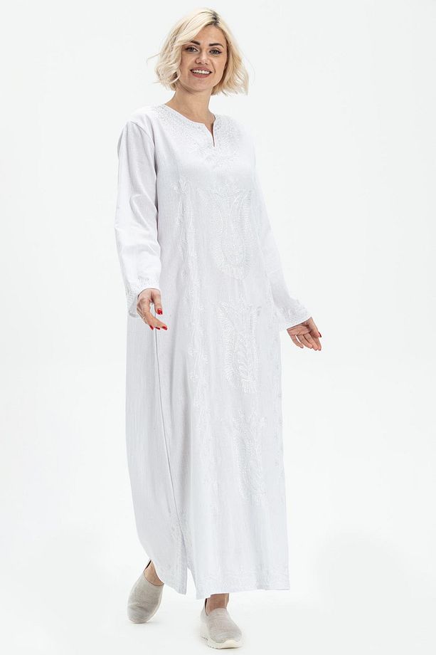 Uzun Kol Şile Bezi Simli Kaftan Midi Boy Yazlık Elbise Beyaz Byz - 1