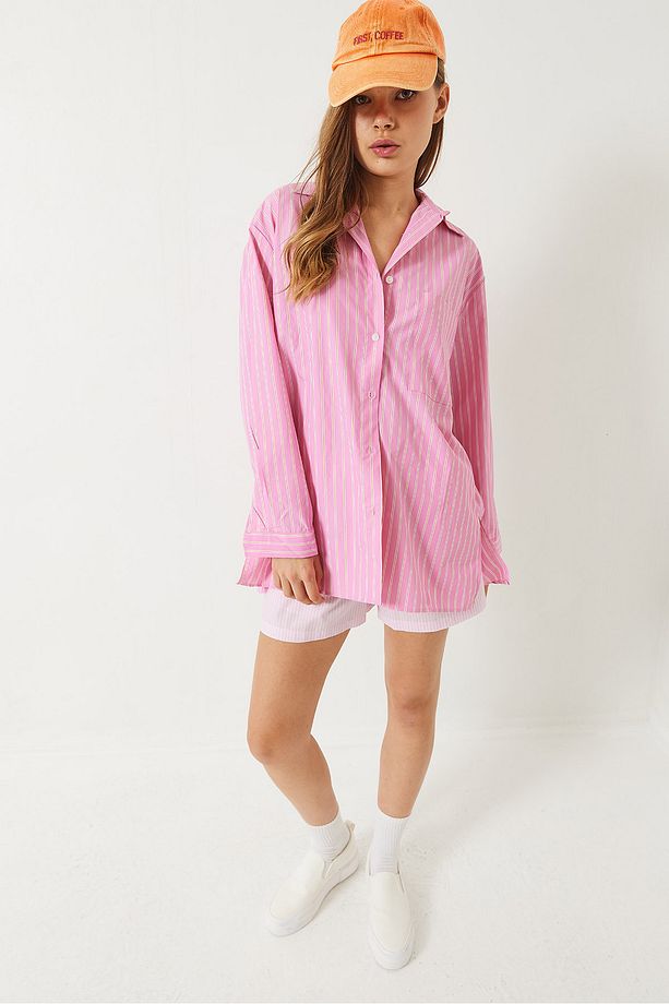 Kadın Tek Cep Detaylı Çizgili Poplin Gömlek 60283071 - 6